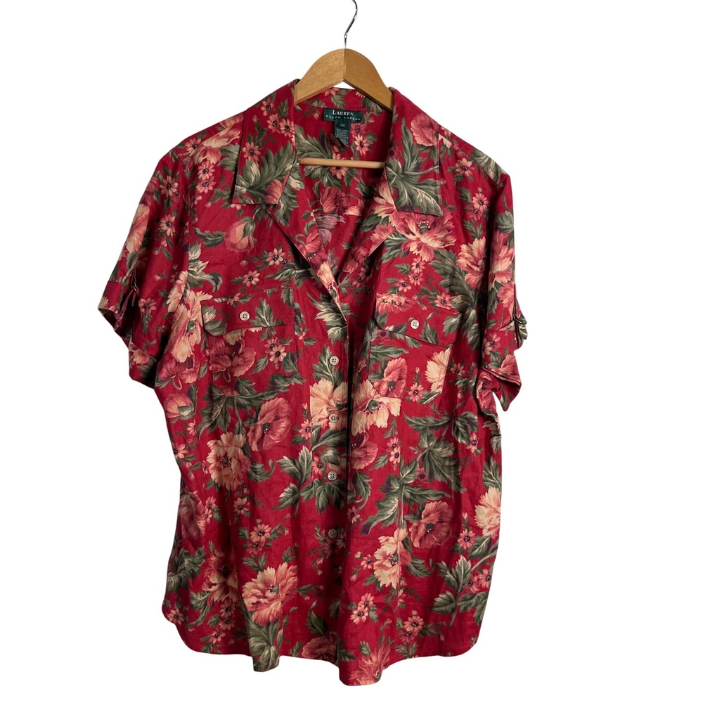 Ralph Lauren Red Floral 100% Linen Button Down plus 3X Short Sleeve beachy flowy